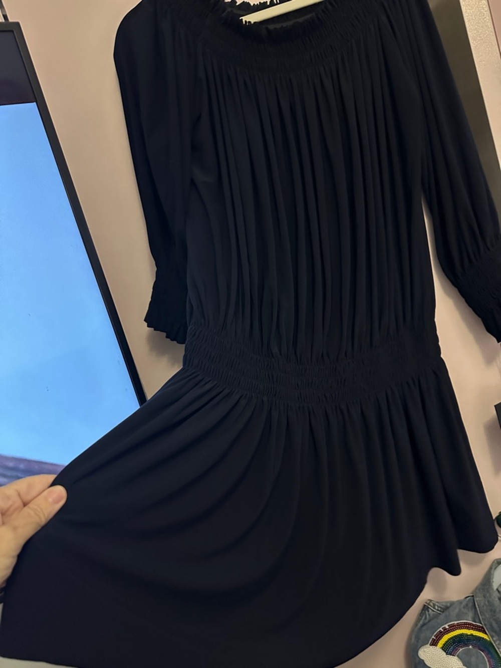 Norma Kamali Black Smocked Pleated Long Sleeve Dress - Picture 2 of 7
